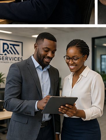 R.IT Services account managers reviewing a debtors report on a tablet