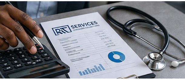 Radiology billing specialist reviewing a claim invoice with calculator and stethoscope